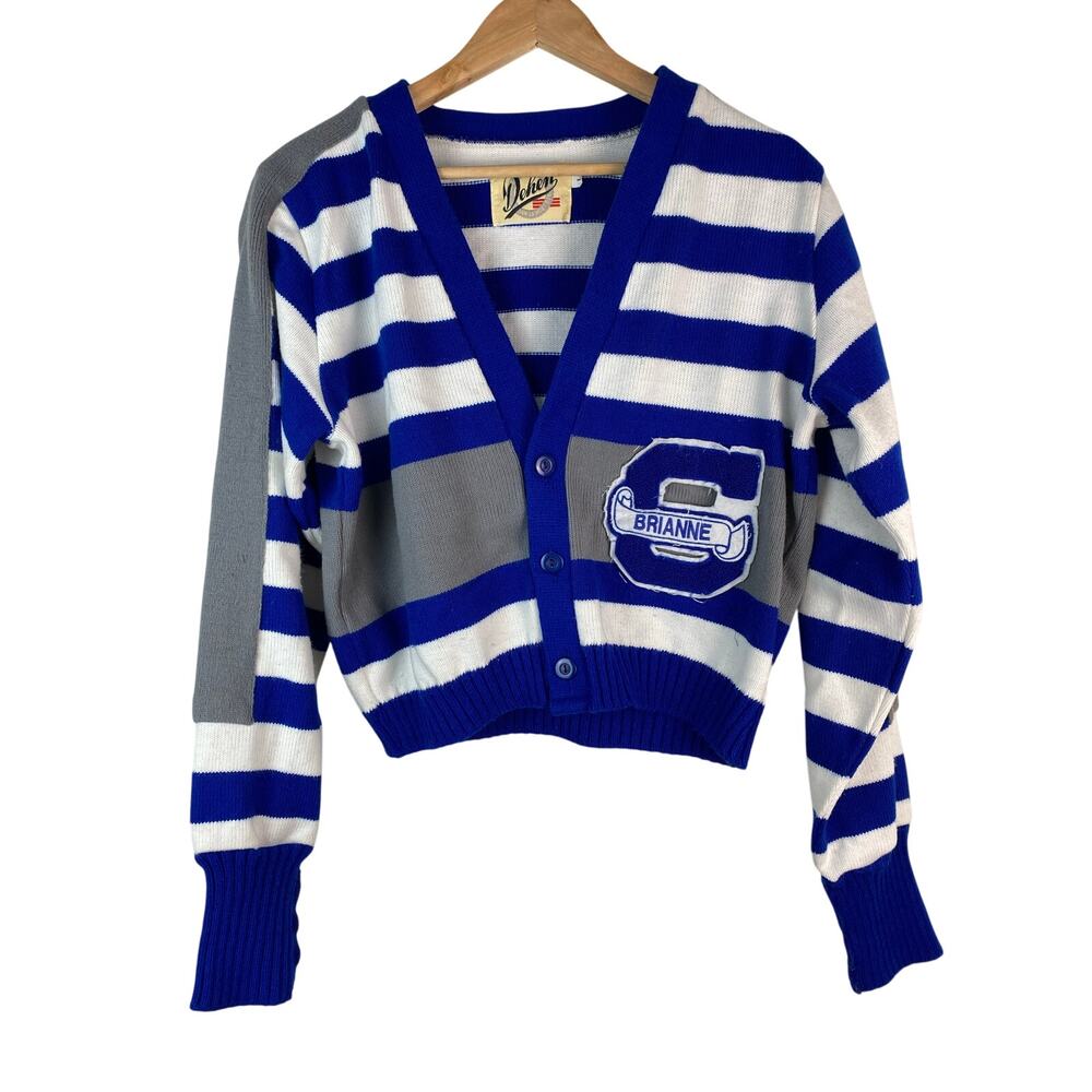 Dehen Women's L‎ Blue White Striped Button Up Varsity Cardigan Sweater *